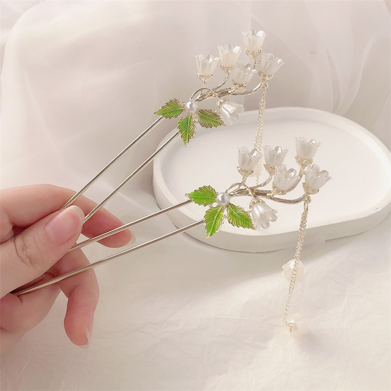 Estilo antiguo temblor perla orquídea borla horquilla hembra verano con cheongsam hanfu updo Palacio lámpara horquilla tocado