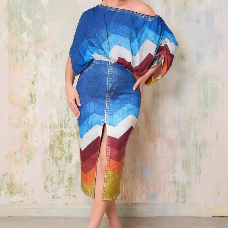 Ol6154 New Amazon European and American Fashion Slanted Shoulder Printed Bat Sleeve Top Slit Skirt Two-Piece Suit