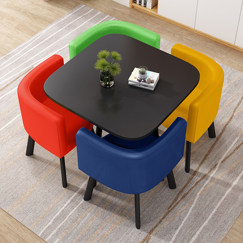 Black wooden board + red, yellow, blue and green leather + black creel