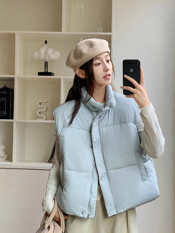 浅蓝色无袖立领羽绒棉服马甲女冬季新款小个子短款保暖面包服外套|undefined