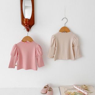 Baby mid-collar wooden ear puff sleeve T-shirt 2024 Korean children's clothing girls' top baby girls' autumn bottoming shirt