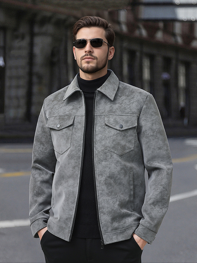 2025 otoño nueva chaqueta de herramienta PU de cuello de gamuz chaqueta de hombre chaqueta de cuello de gamuz chaqueta casual negra chaqueta retro