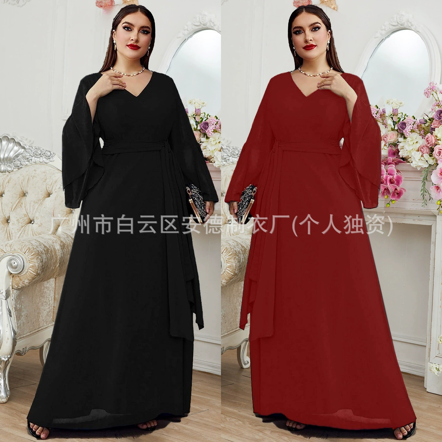 Европейское и американское женское модное и элегантное шифоновое платье больших размеров с v-образным вырезом, платье-юбка, трансграничное новое платье подружки невесты Amazon