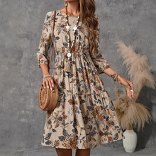 欧美跨境女装亚马逊女式棉麻印花连衣裙圆领3/4袖优雅时尚长裙