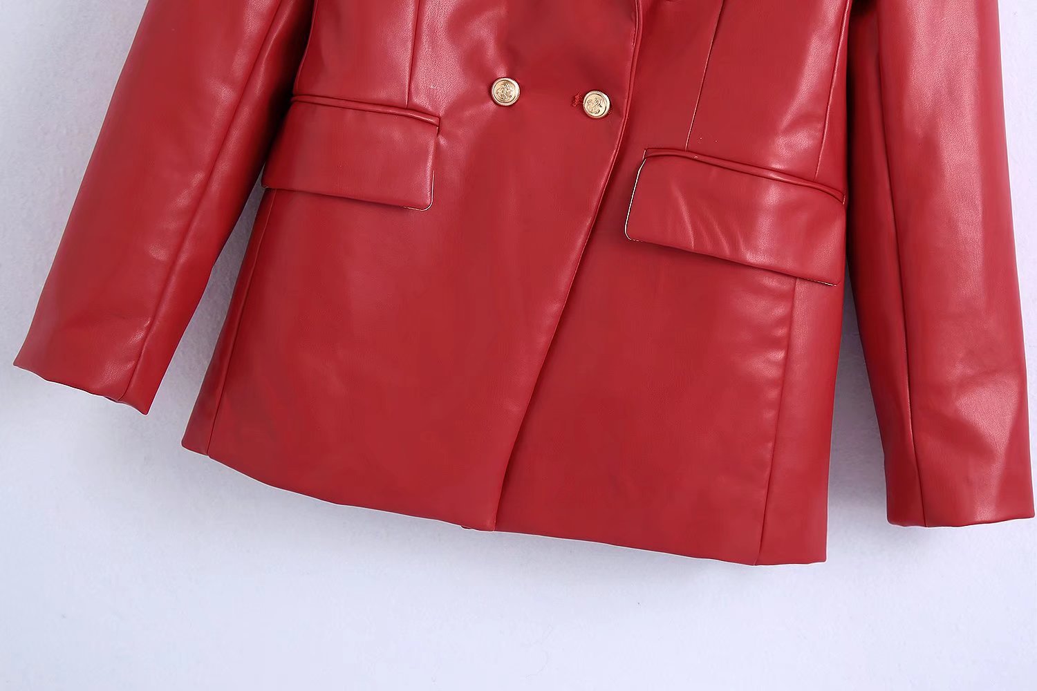 autumn red lapel imitation leather double-breasted blazer nihaostyles wholesale clothing NSAM89041