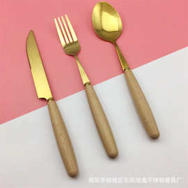 日式榉木不锈钢餐具 不锈钢木柄餐具刀叉勺水果叉勺单支批发