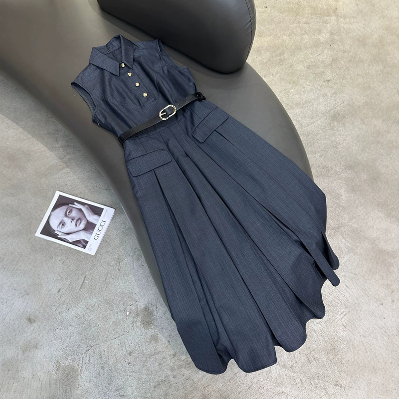 2026 Summer New French Retro Dark Blue Collared Belted Slim Fit Pleated Flared Sleeveless Shirt Dress
