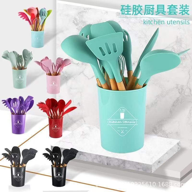 Spot transfronterizo mango de madera silicona herramientas de cocina para el hogar juego de 12 piezas olla antiadherente olla de cocción pala cuchara de sopa juego de utensilios de cocina