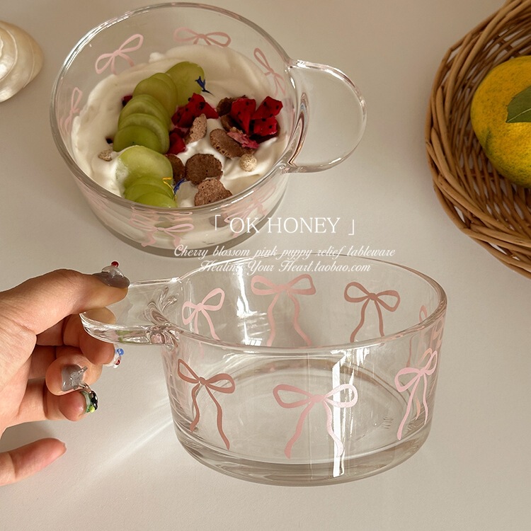 French Bow Cute Girly Heart Glass Transparent Salad Bowl Yogurt Bowl Fruit Bowl Home with Packaging Box