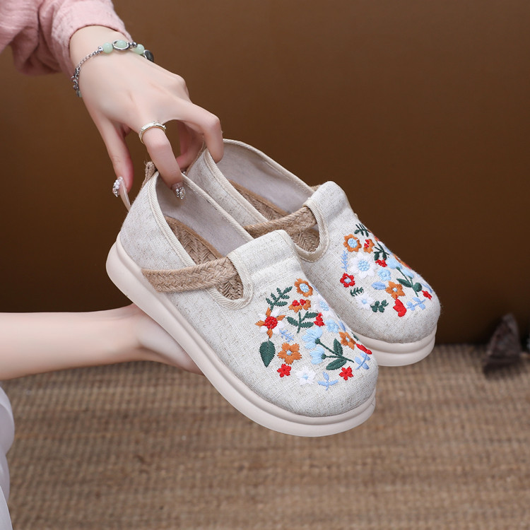 新款田园风亚麻新中式脚旅游运动鞋布鞋一脚蹬绣花鞋女鞋学院风
