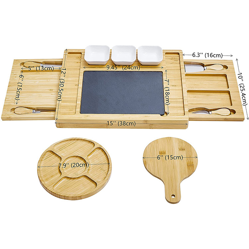 Fábrica de queso de bambú personalizado con cuchillo y tenedor pizarra multifuncional platos de verduras de fiesta de frutas snack platos