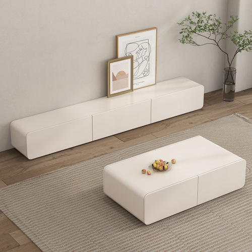 Italian minimalist cream style TV cabinet and coffee table combination modern simple small apartment white painted TV floor-standing