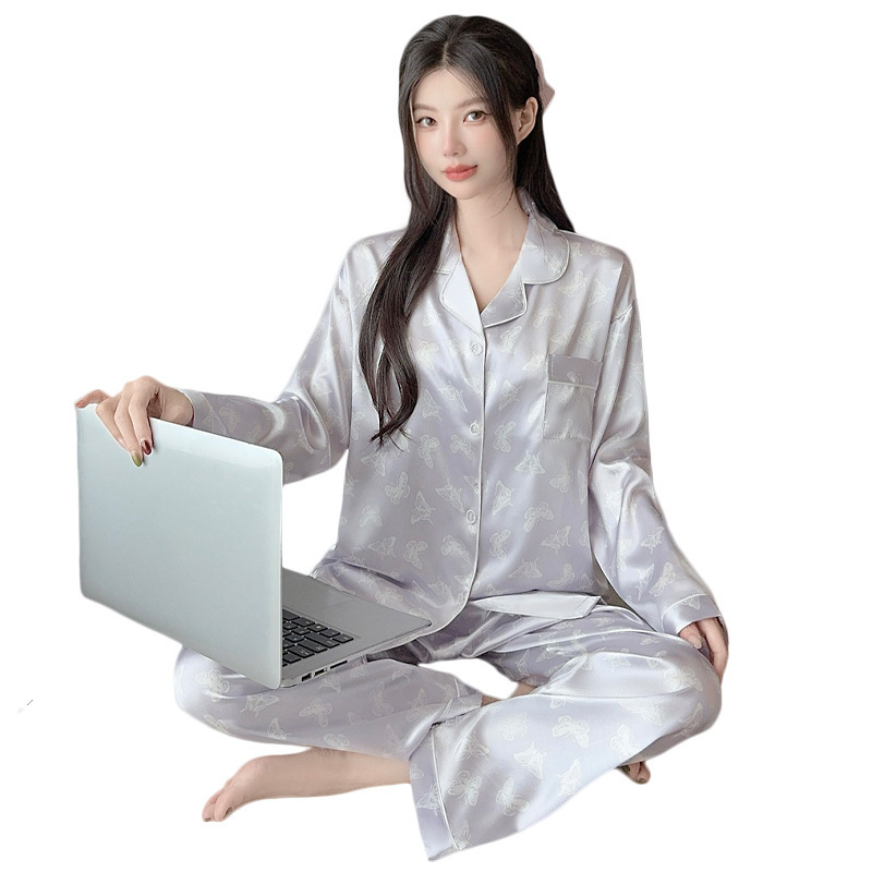 高颜值纯欲风蝴蝶冰丝睡衣女春秋薄款长袖长裤两件套家居服批发|undefined