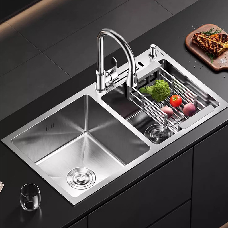 Thickened Sink Double Sink 304 Stainless Steel Kitchen Vegetable Washing Basin Household Washing Sink Handmade Basin Double Sink Basin