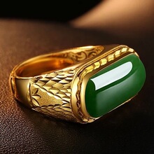 沙金长条绿玉髓锆石戒指男霸气简约开口仿真金指环宝石戒指批发