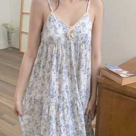 韩国ins女士夏季新品女法式水墨画花边拼接吊带睡裙连衣裙带胸垫