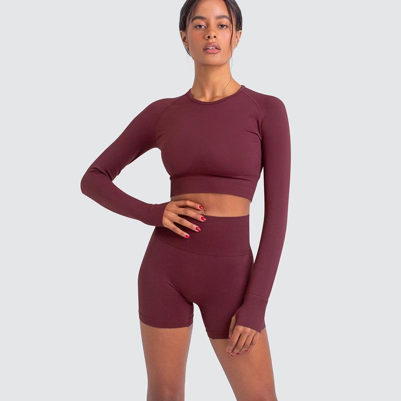 solid color seamless high stretch high waist quick-drying yoga set NSNS125427