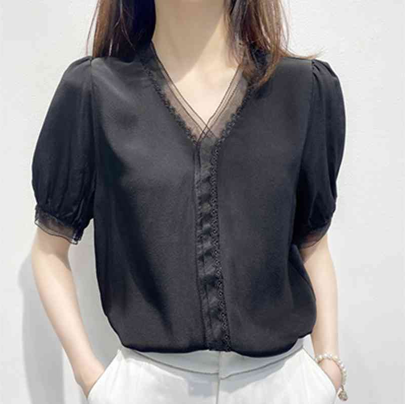 Chiffon Shirt for Women 2025 Summer New Style Loose V Neck Puff Sleeve Design Niche Lace Top for Women