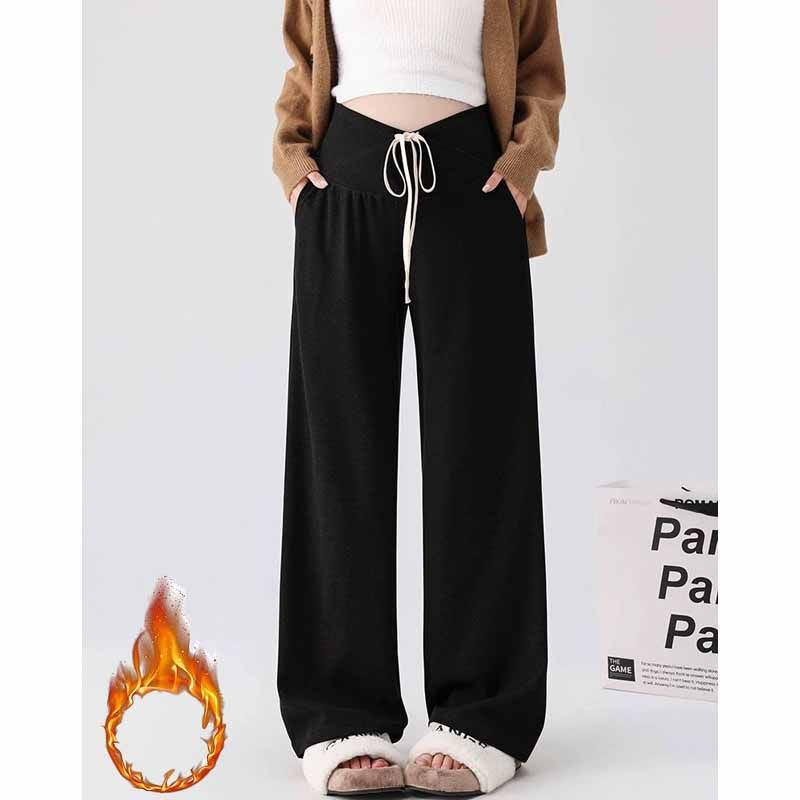 Maternity Wear Xiaohongshu Popular Autumn and Winter Fleece-Lined Warm High-Waisted V-Shaped Belly-Supporting Straight Wide-Leg Trendy Glutinous Rice Pants