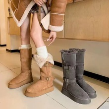2025秋冬新款韩版时尚中高筒保暖加绒雪地绵靴休闲皮带扣厚底女鞋