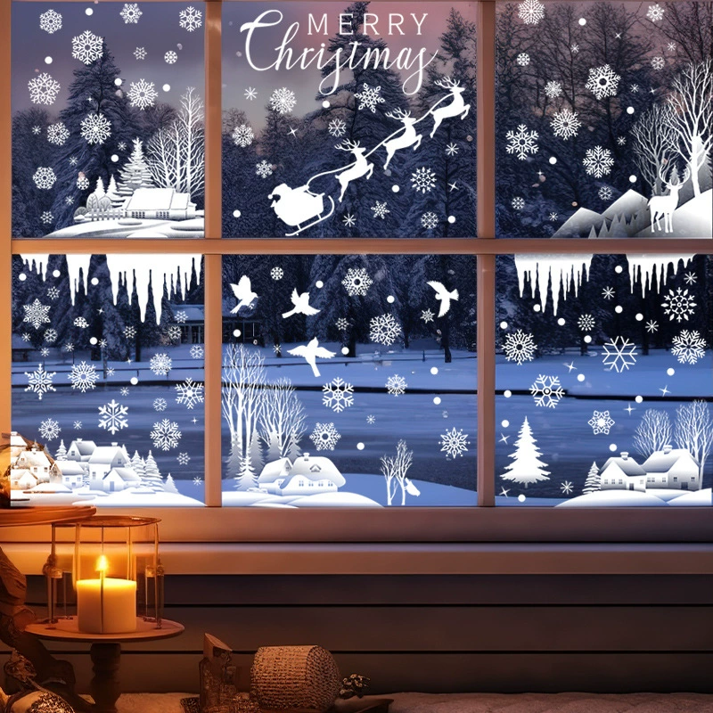 Белый снежный дом рождественские наклейки рождественские декоративные окна стекла электростатические наклейки рождественская елка снежный вид снежинки наклейки окна