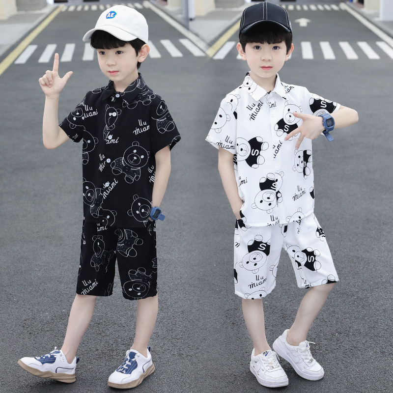 new pattern Boy suit CUHK Western style 2021 leisure time summer Two piece set children personality Short sleeved shirt Children's clothing