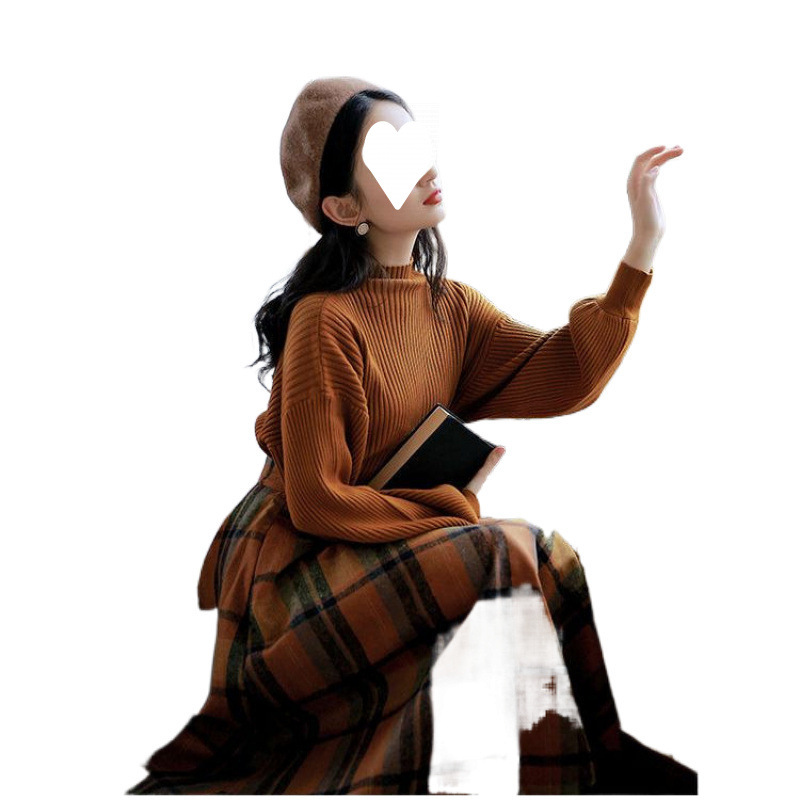 싱글 | 세트 가을과 겨울 여자 프랑스 복고풍 니트 스웨터 격자 무늬 스커트 투피스 세트 스커트 시대 감소 스커트