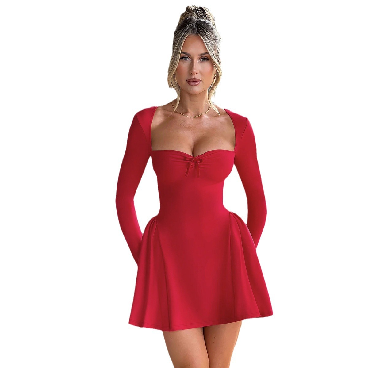 2024 nuevo otoño de Europa y América trajes de mujer transfronterizos sexy color sólido de manga larga para el pecho delgado vestido corto en forma de A image 6