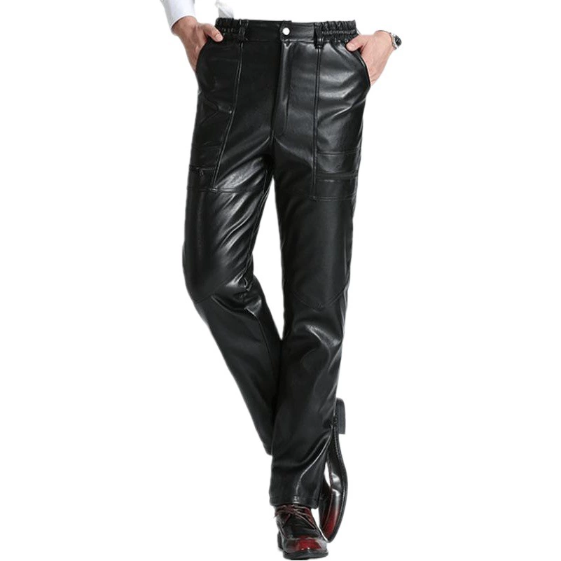 Мужские кожаные брюки, мужские повседневные кожаные хлопковые брюки больших размеров из Хайнинга, мотоциклетные зимние Утепленные теплые брюки на флисовой подкладке