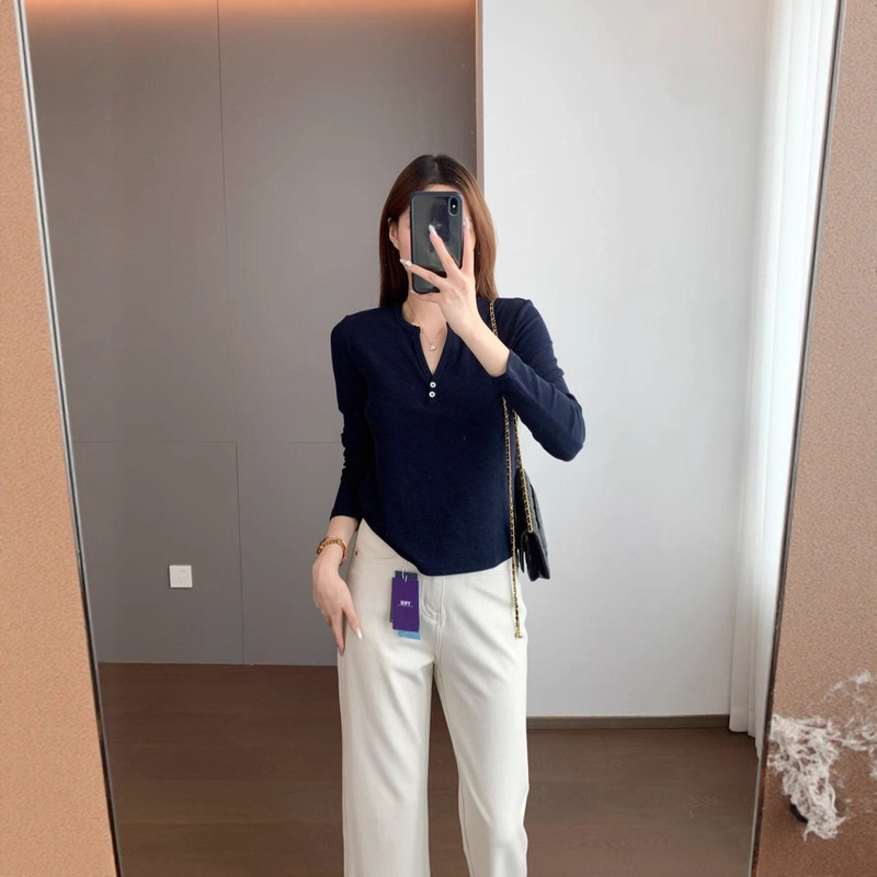 精致时髦 兰精天丝精棉柔软亲肤修身版半开V领纽扣打底衫603032|undefined
