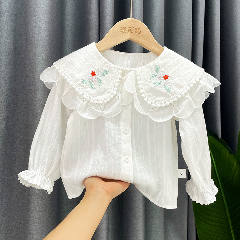 Camisas para Niñas, Primavera 2025, Nuevo Estilo, Camisa Blanca con Cuello Doble de Encaje, Estilo Coreano, Camisa Base Moderna para Primavera y Otoño