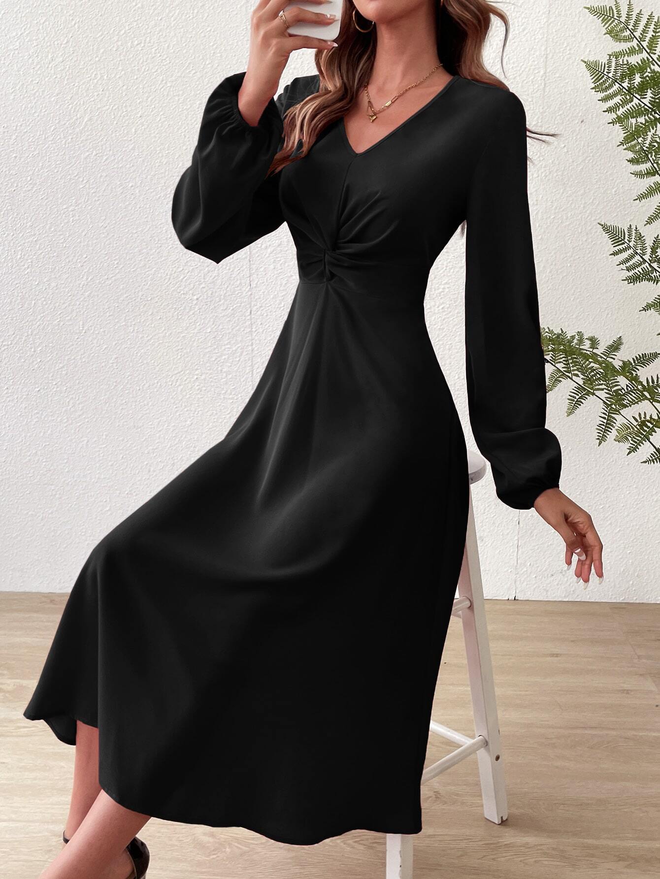 European And American Women' Spring Summer Fahion V-Neck Lantern Long Sleeve Twit Edge Elegant Mid-Length_ecoleips.com