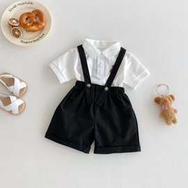 男童夏季新款Polo领上衣黑色背带裤套装婴幼儿卡通绅士外出两件套