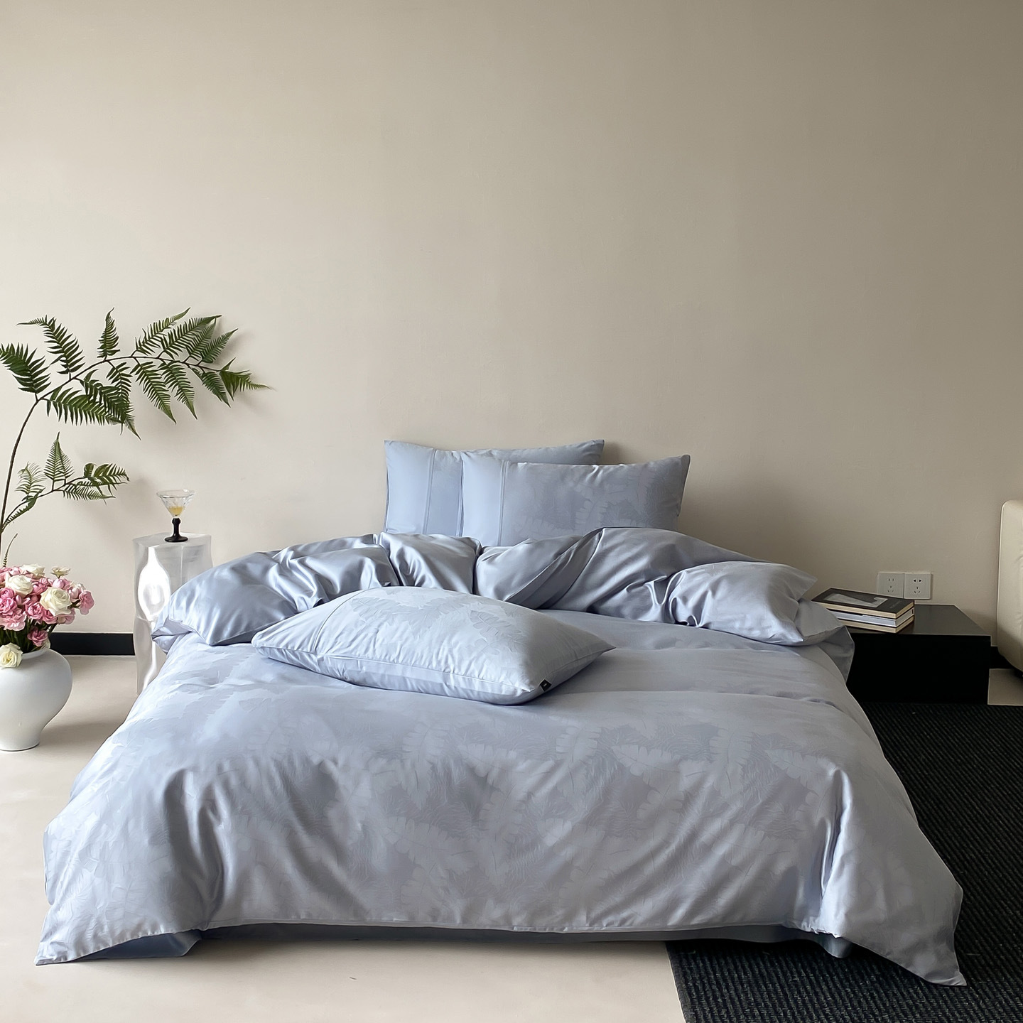 Juego de cama de cuatro piezas de algodón de fibra larga satinado 100S de alta gama, juego de cuatro piezas de algodón puro jacquard, funda nórdica, sábana ajustable