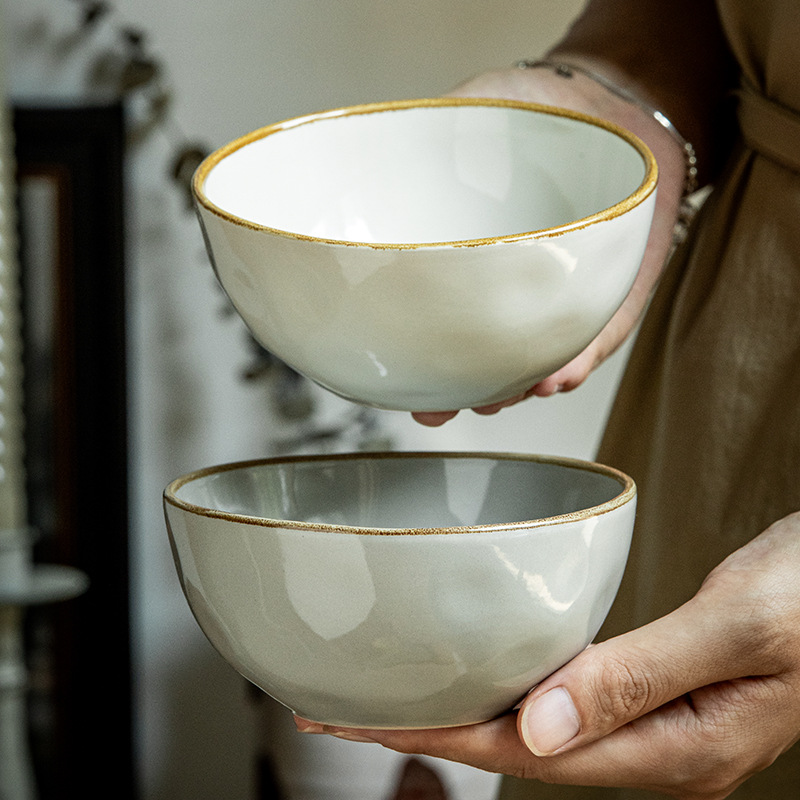 Dos paquetes de 4.5 pulgadas de agua tazón de arroz de cerámica conjunto de tazón de arroz japonés retro engrosado tazón pequeño tazón de gachas