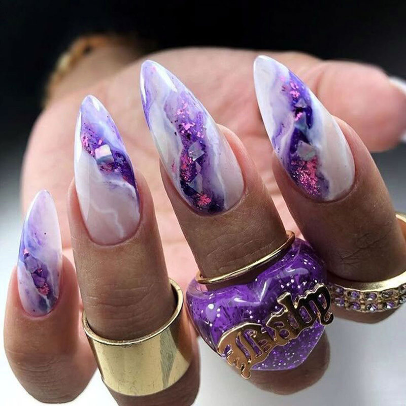 Cross-Border Wearable Nails Purple Smudged Nails Almond-Shaped Nails Medium Style European and American Wearable Nail Patches Wholesale