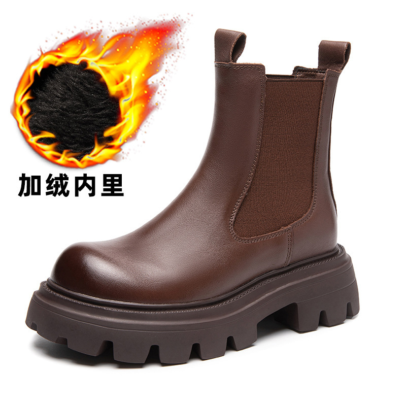 厚底真皮马丁靴女秋冬新款小个子增高短靴加绒烟筒靴时尚单靴|undefined