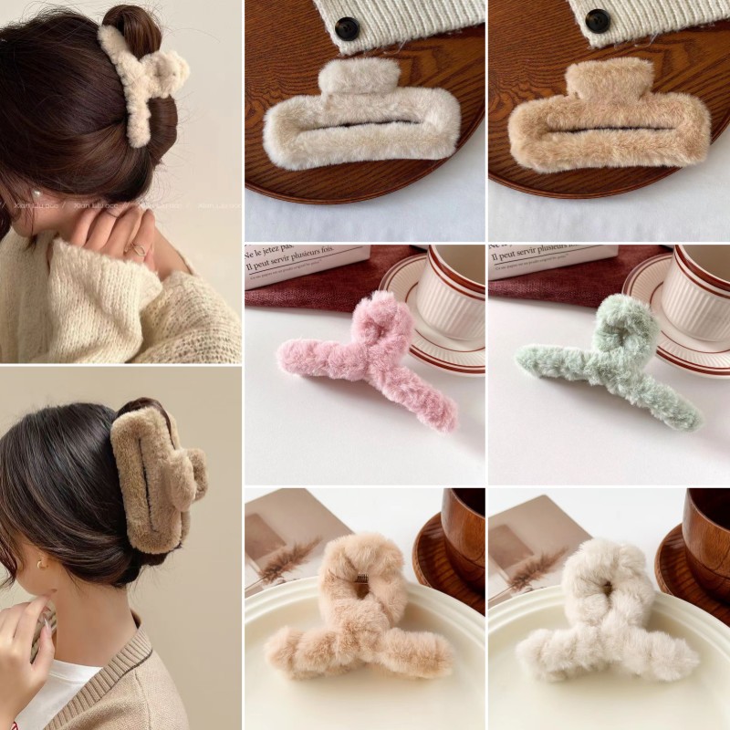 秋冬爆款大号毛绒发夹女甜美气质毛绒绒抓夹发量多后脑勺发抓发卡