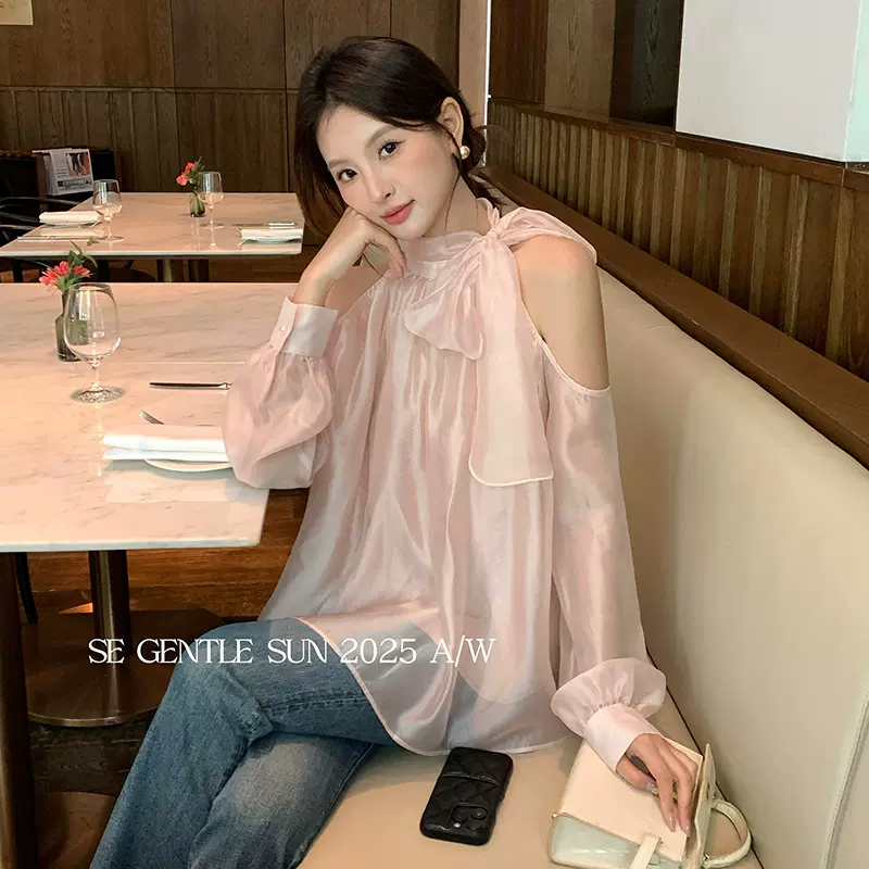 秀熙熙2025秋白标韩版百搭气质系带雪纺长袖衬衫女上衣女89486