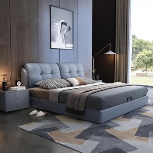 2025 New Model Master Bedroom Bed Genuine Leather High-End Elegant Modern Minimalist Bed 1.8m Double Bed Wedding Bed Home Bedroom Bed