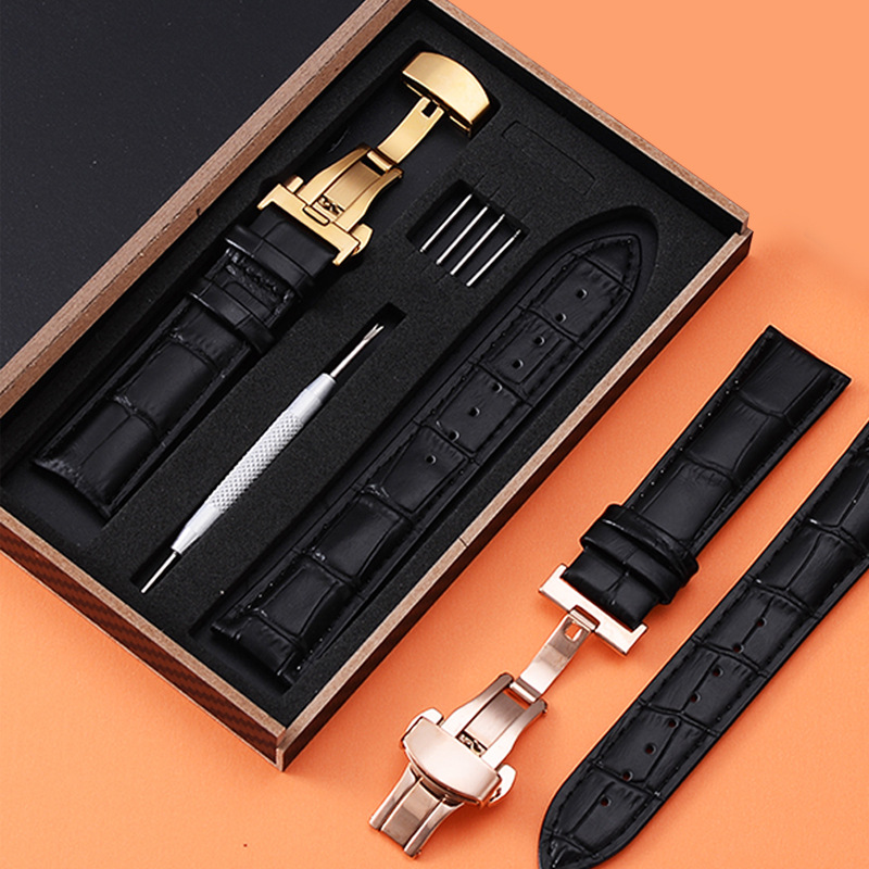 真皮牛皮头层表带竹节纹鳄鱼纹小牛皮表带礼盒装男女款蝴蝶扣腕带