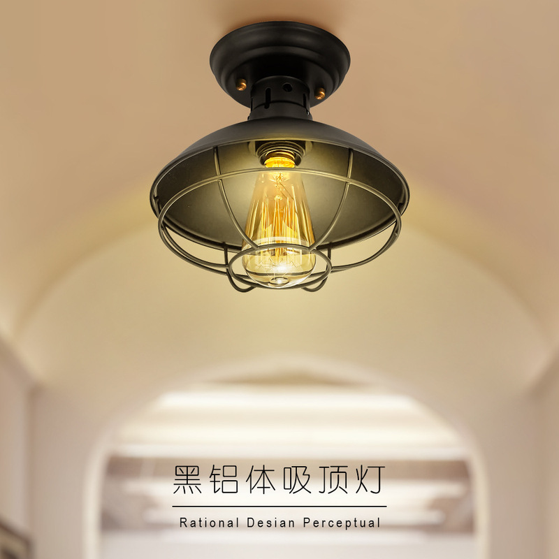 Industrial retro ceiling lamp black metal cage chandelier semi-embedded round ceiling lamp Industrial retro ceiling lamp black metal cage chandelier semi-embedded round ceiling lamp
