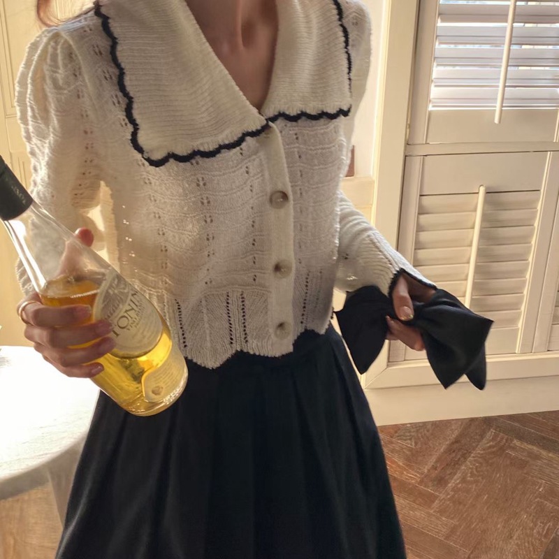 复古镂空娃娃领针织开衫女2021春季新款韩版宽松温柔风短款上衣潮|ms