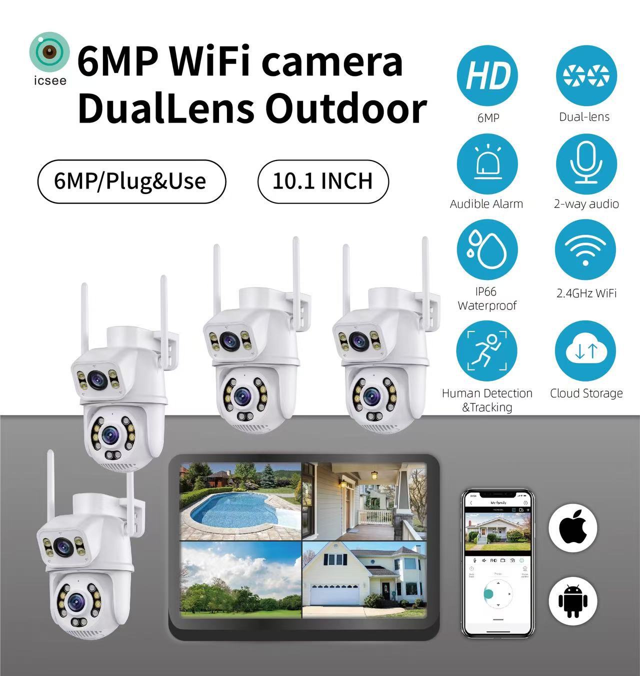 ICSEE 8MP WiFi NVR Seti Çift Lens PTZ IP Kamera 8CH Akıllı Ev Gece Görüşü