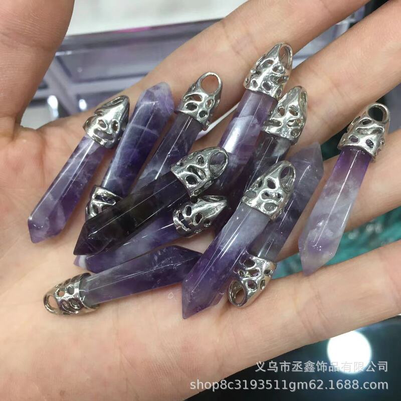 热い贩売合金六角柱弾性ヘッド単一の尖ったペンダント天然石クリスタル紫晶粉晶ネックレスアクセサリー卸売|undefined