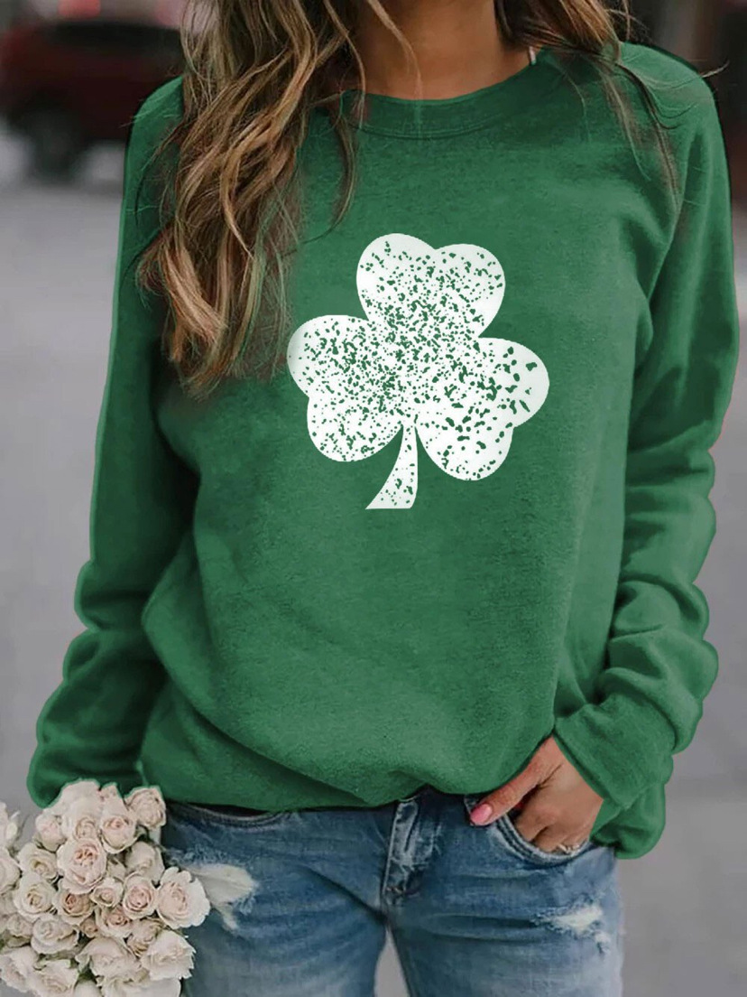 Round Neck Neckline Loose Fit Type Shamrock Pattern Wholesale Women's Polyester Streetwear Shamrock Long Sleeve Hoodies & Sweatshirts