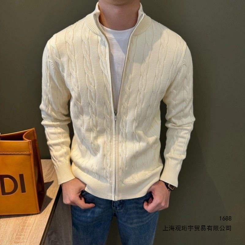 Men's Mercerized Cotton Half-Zip Cable Knit Thickened New Autumn and Winter Wool Sweater Loose Warm Knit Cardigan Sweater