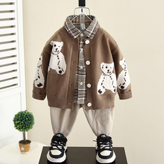 4094 Boys Autumn Suit 2023 New Spring and Autumn Children's Baby Fashionable Cool Handsome Sweater Cardigan Three-piece Set