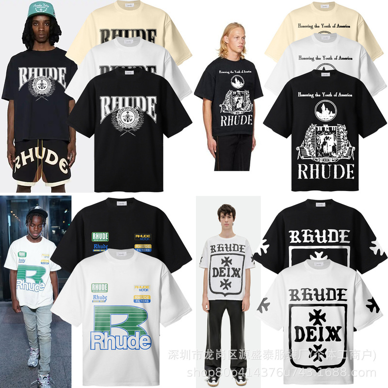 Foreign Trade Cross-Border Trendy Brand Rhude Series Geometric Letter Print Pure Cotton Short-Sleeve Unisex T-Shirt High Street Loose Fit Wholesale Foreign Trade Cross-Border Trendy Brand Rhude Series Geometric Letter Print Pure Cotton Short-Sleeve Unisex T-Shirt High Street Loose Fit Wholesale