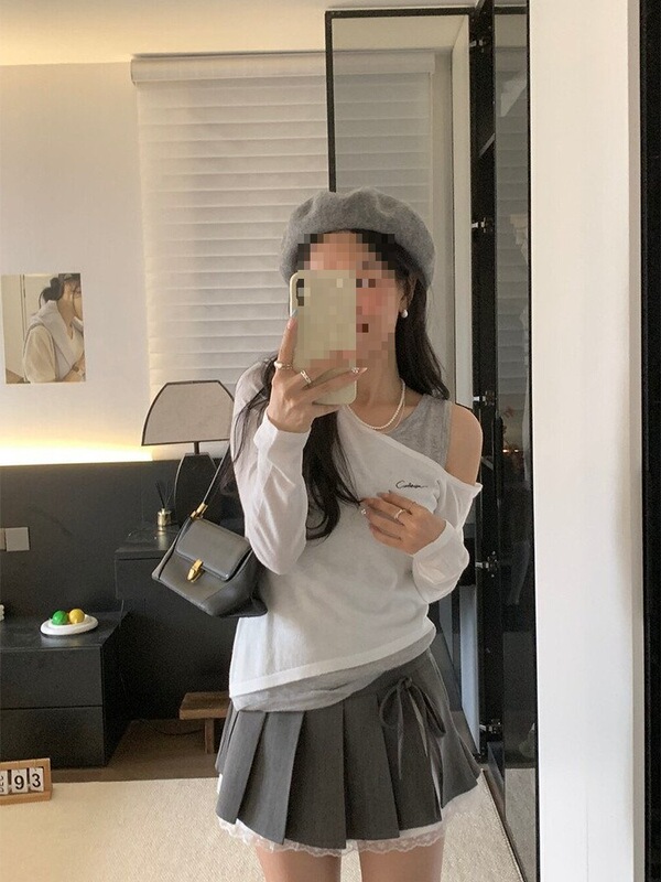 设计感小众假两件撞色拼接露肩长袖t恤女秋季新款修身显瘦小上衣|undefined